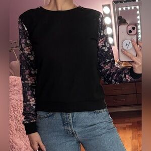 Black Crew Neck Top with Floral Sleeves